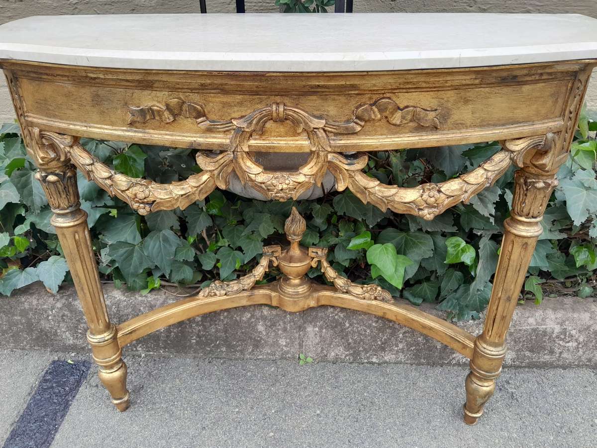 A 20th Century French Style Hand-Gilded Console Table with Marble Top ND