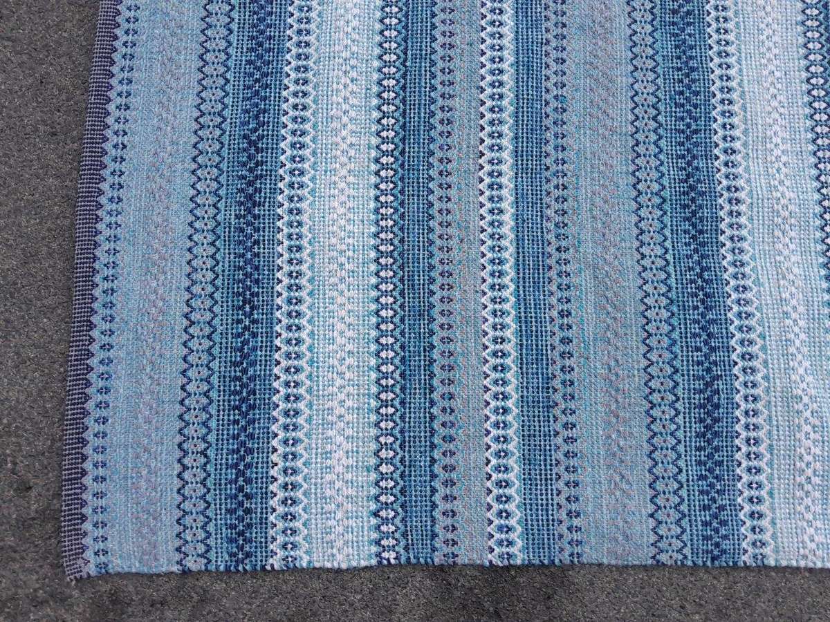 A  Striped Woven Cotton Dhurrie / Kelim Carpet / Rug With Blues And White Colours
