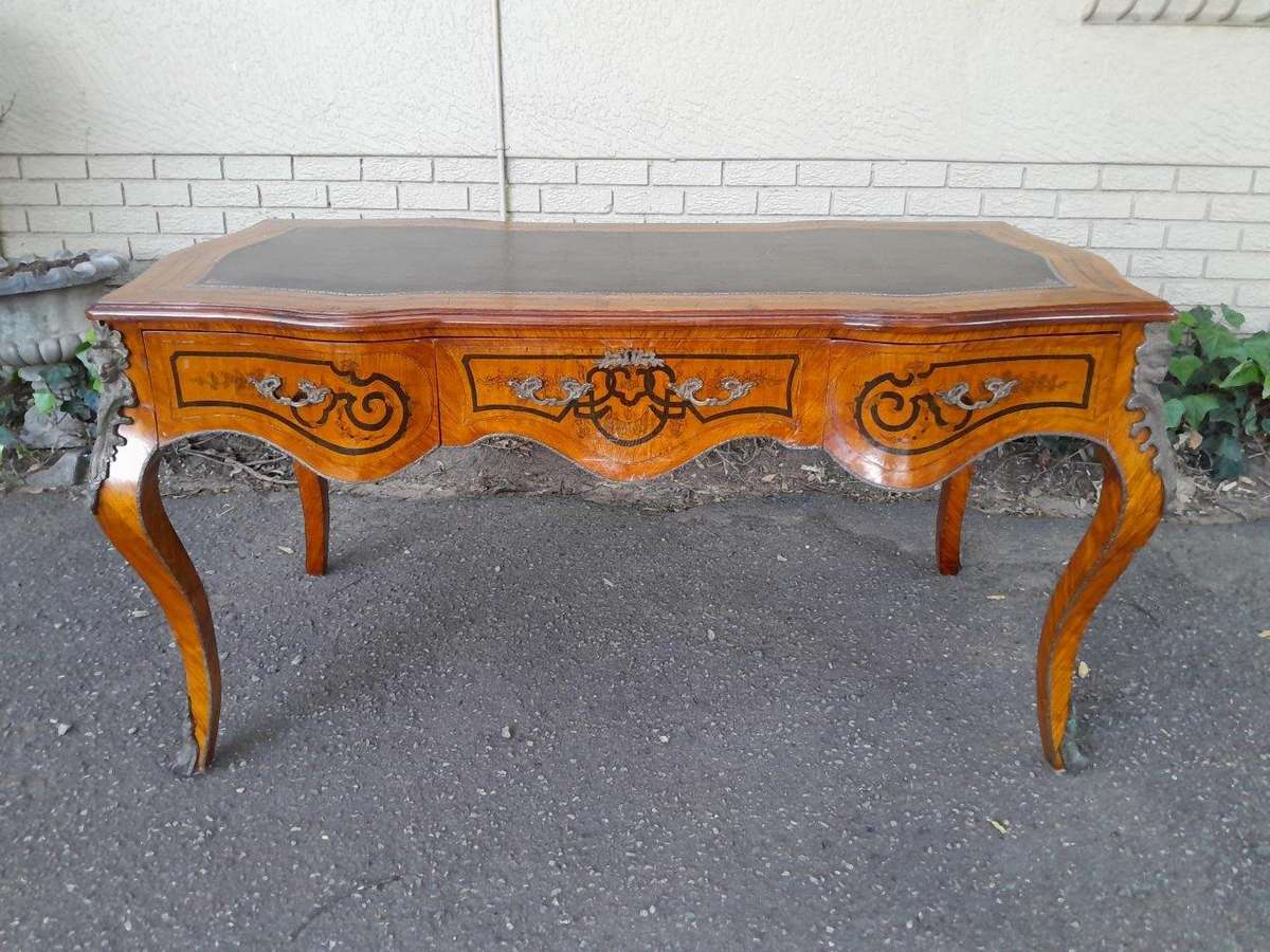 A 20th Century Circa 1940s  Louis XV Style Walnut Painted Bureau Plat With Gilt Tooled Leather...