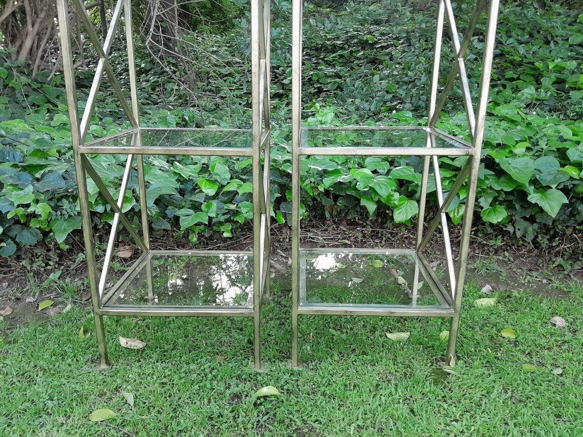 A Pair Of Wrought Iron And Gilded Display Stands With Bevelled Glass Shelves Custom-Made For The ...