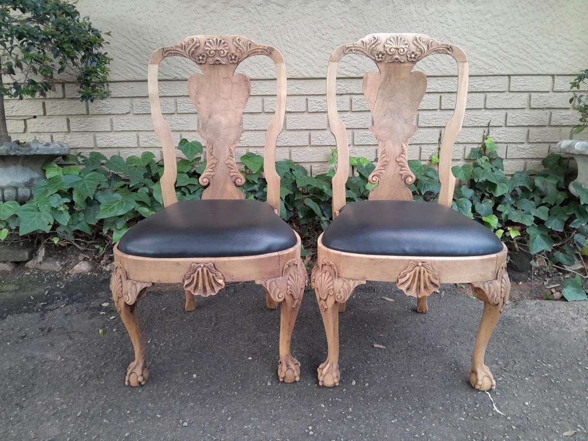 An Antique 19th Century Pair Of Carved  Walnut Pair Of Chairs In A Contemporary Bleached Wood Fi...