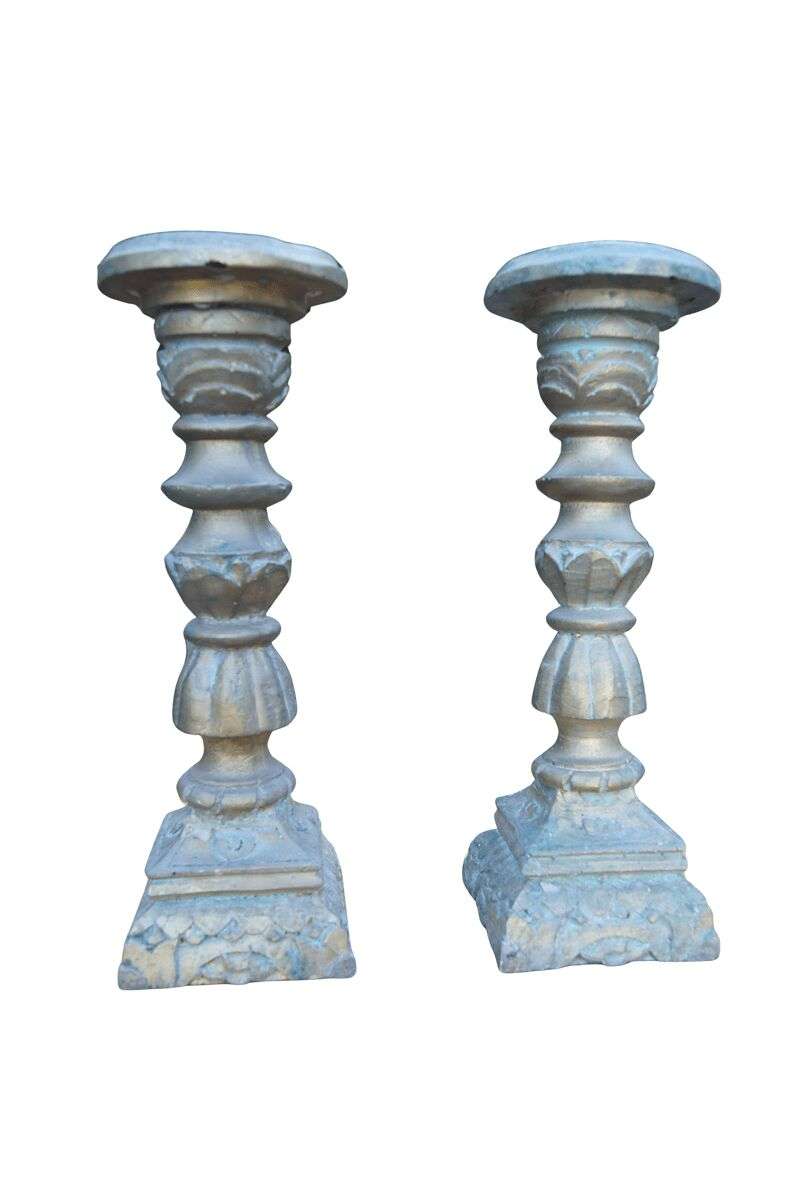 Pair of Distressed Resin Pillar Candlesticks