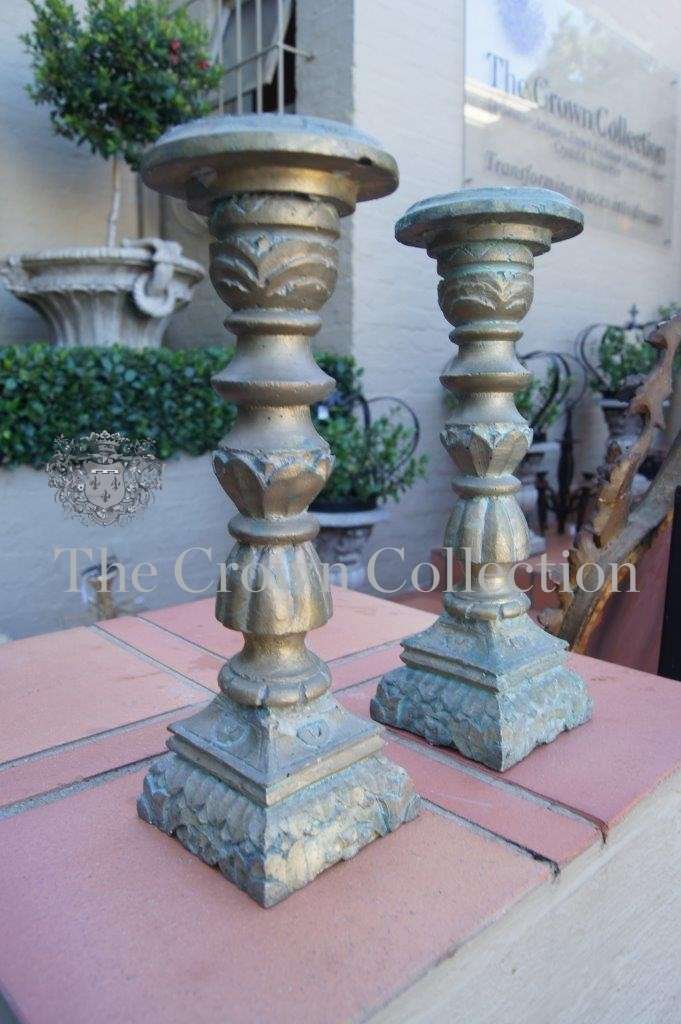 Pair of Distressed Resin Pillar Candlesticks