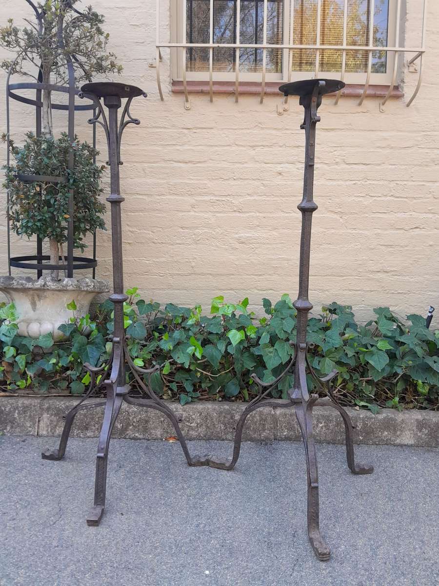 A Pair of Antique Cathedral Heavy Wrought Iron Candle Holders