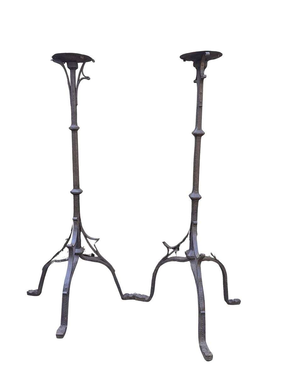 A Pair of Antique Cathedral Heavy Wrought Iron Candle Holders
