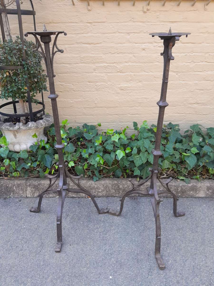 A Pair of Antique Cathedral Heavy Wrought Iron Candle Holders
