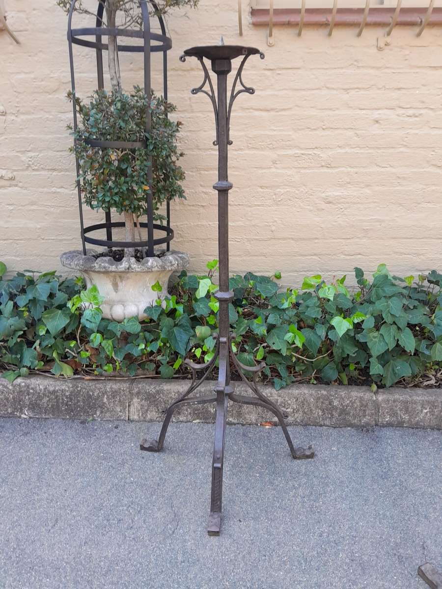 A Pair of Antique Cathedral Heavy Wrought Iron Candle Holders