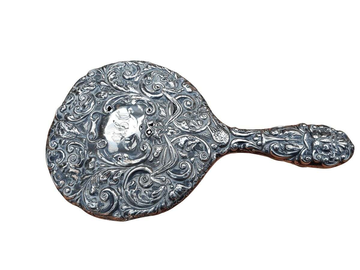 Antique Sterling Silver Hand Held Mirror With Repousse Work - Birmingham 1913
