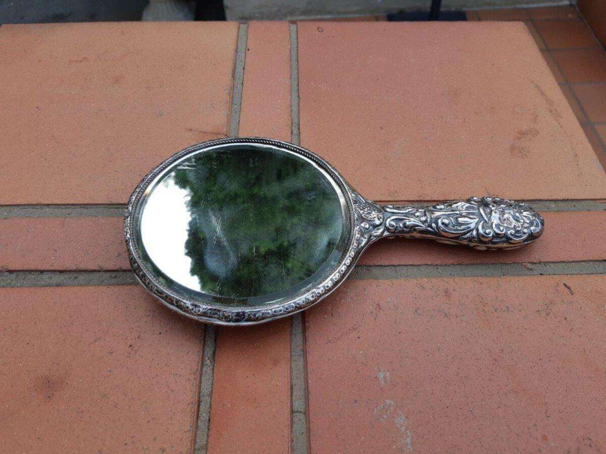 Antique Sterling Silver Hand Held Mirror With Repousse Work - Birmingham 1913