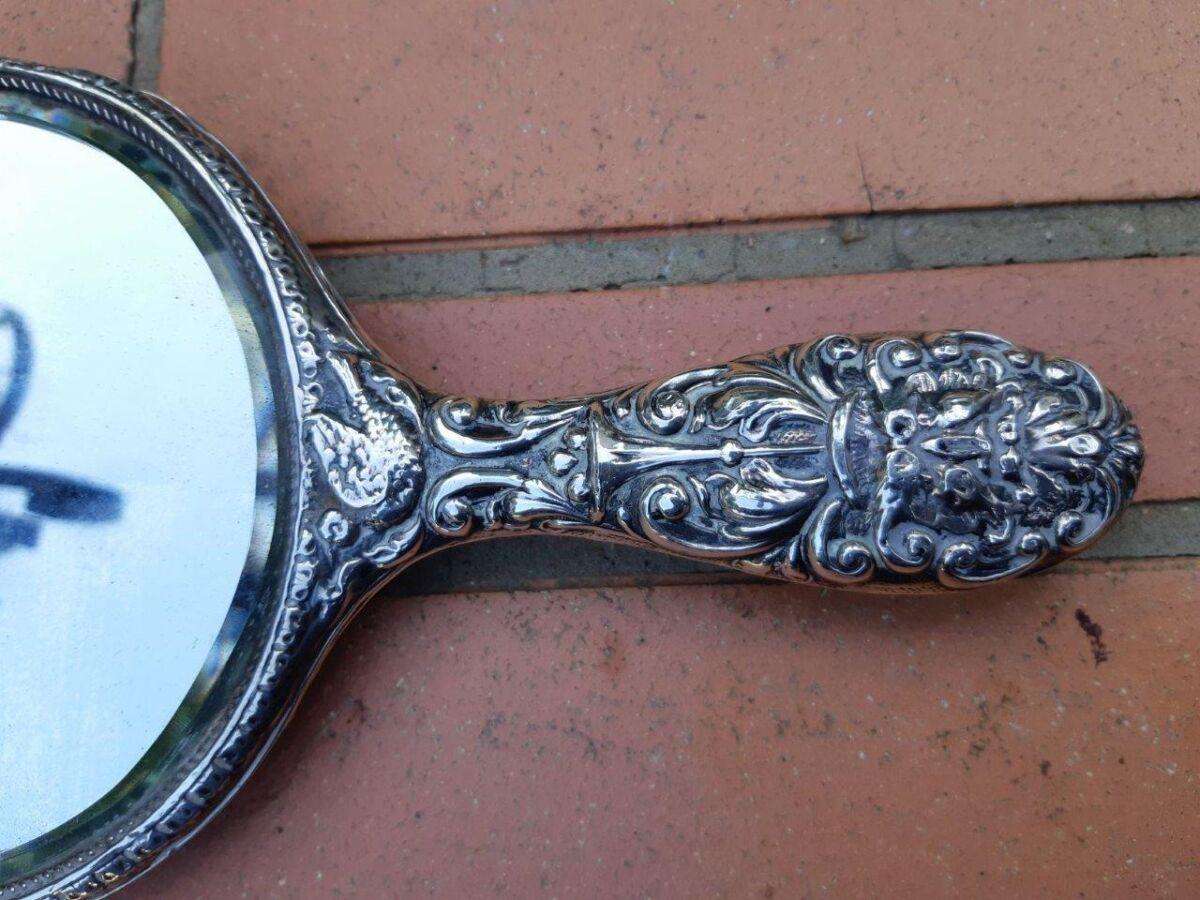 Antique Sterling Silver Hand Held Mirror With Repousse Work - Birmingham 1913