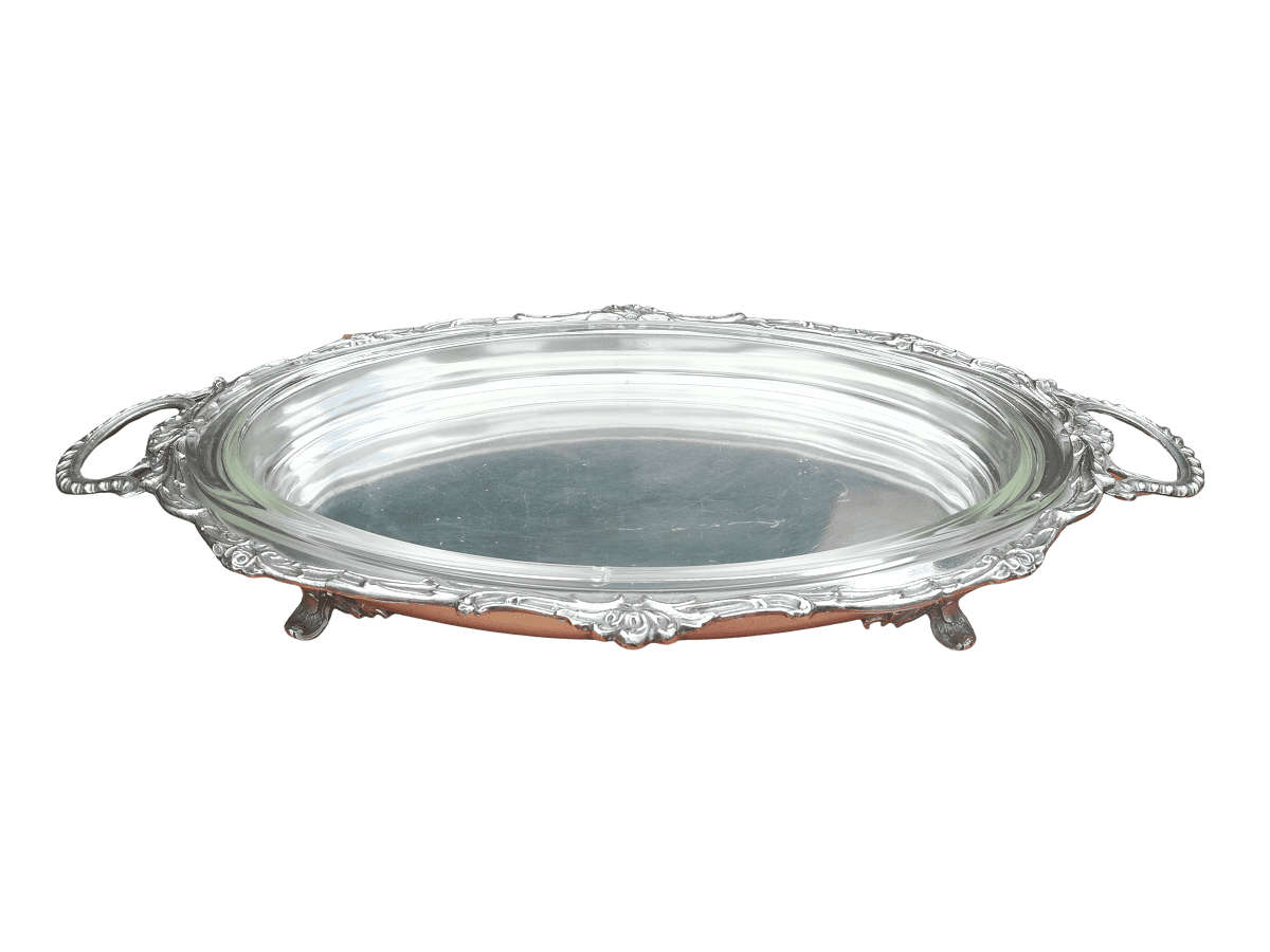A Large And Heavy Silver Plate Seranco Serving Tray On Feet With Glass Liner