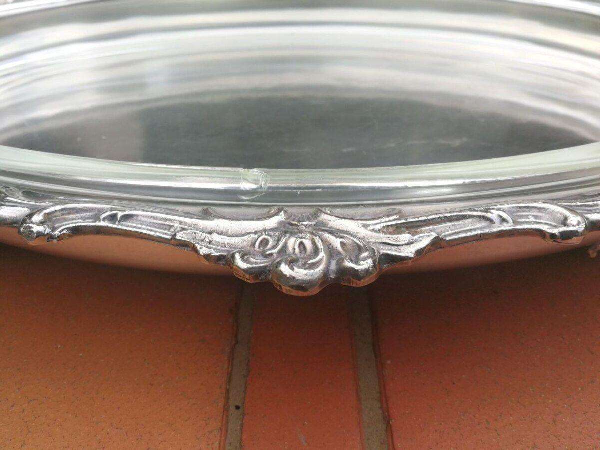 A Large And Heavy Silver Plate Seranco Serving Tray On Feet With Glass Liner