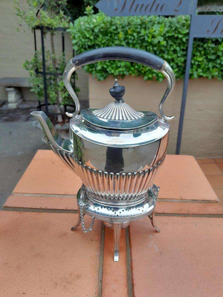 A 20TH Century Silver Plate Kettle on Stand with Burner