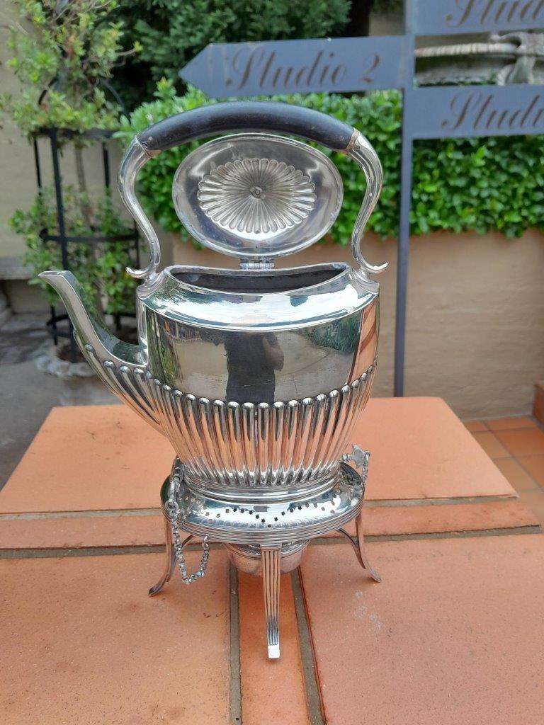 A 20TH Century Silver Plate Kettle on Stand with Burner