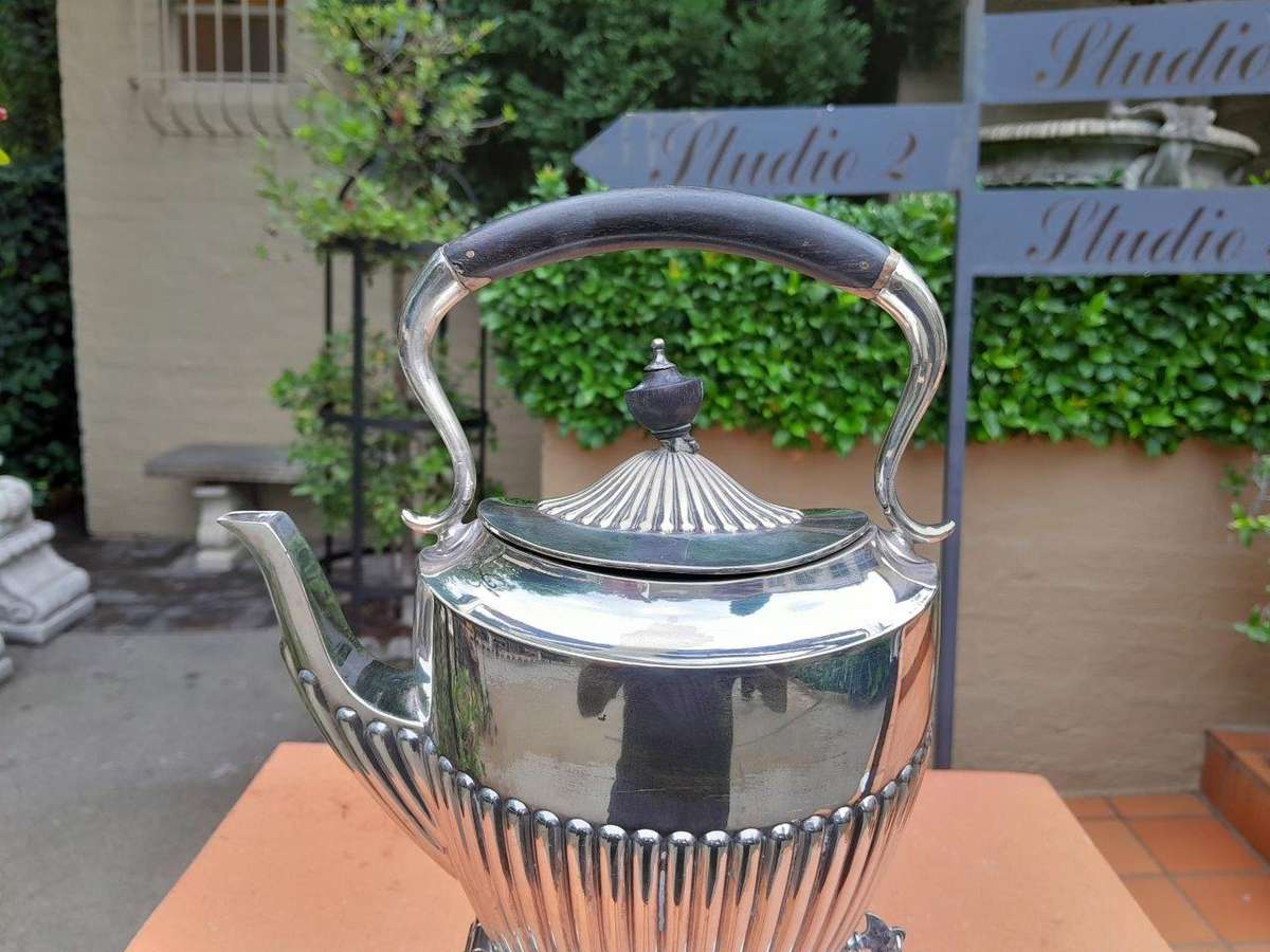 A 20TH Century Silver Plate Kettle on Stand with Burner