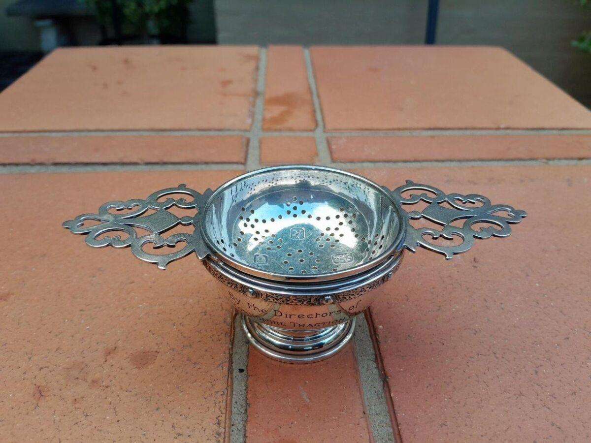 A 20th Century Circa 1965 English Sterling Silver Hallmarked Tea Strainer with Holder - England ...