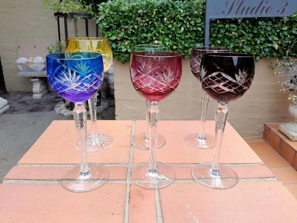 A Set of Six Crystal Harlequin Crystal Glasses in Various Colours