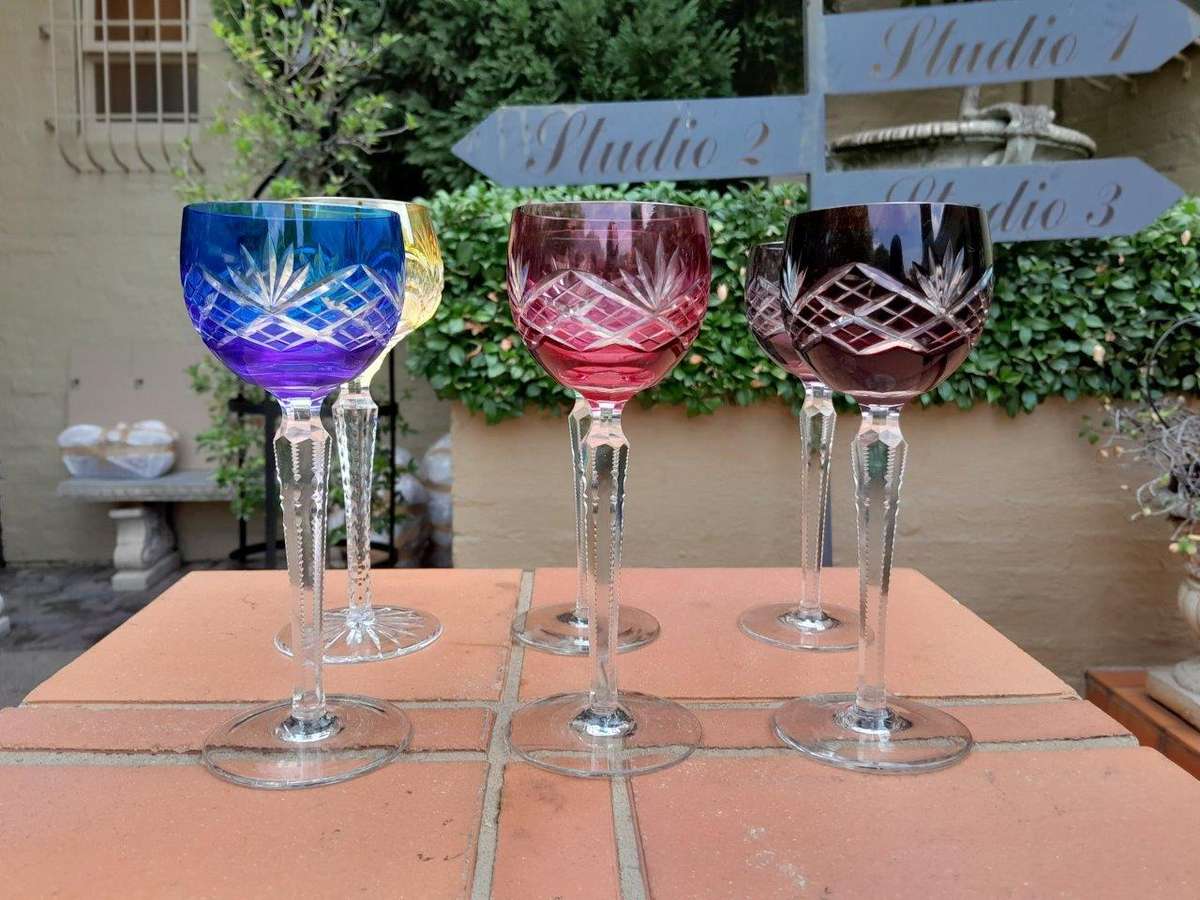 A Set of Six Crystal Harlequin Crystal Glasses in Various Colours