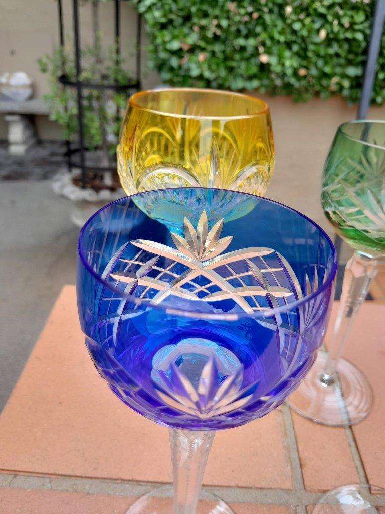 A Set of Six Crystal Harlequin Crystal Glasses in Various Colours