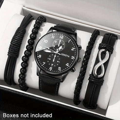Men's Casual Quartz Watch and Faux Leather Bracelet Set