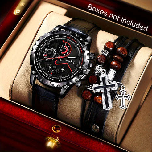 Men's Fashion Quartz Watch with Calendar and Cross Faux Leather Bracelet