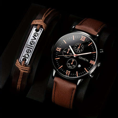 1pcs Men's Simple Round Pointer Quartz Watch Set