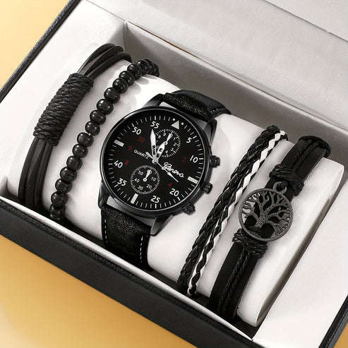 5 Piece Men's Casual Black Quartz Watch and Bracelet Set Perfect Gift