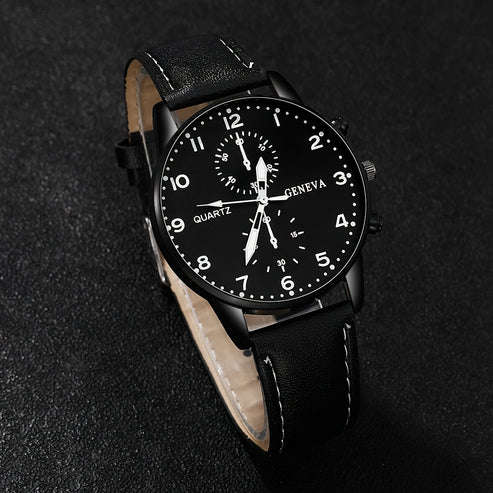 Men's Casual Quartz Watch and Faux Leather Bracelet Set