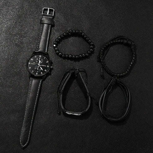 Men's Casual Quartz Watch and Faux Leather Bracelet Set