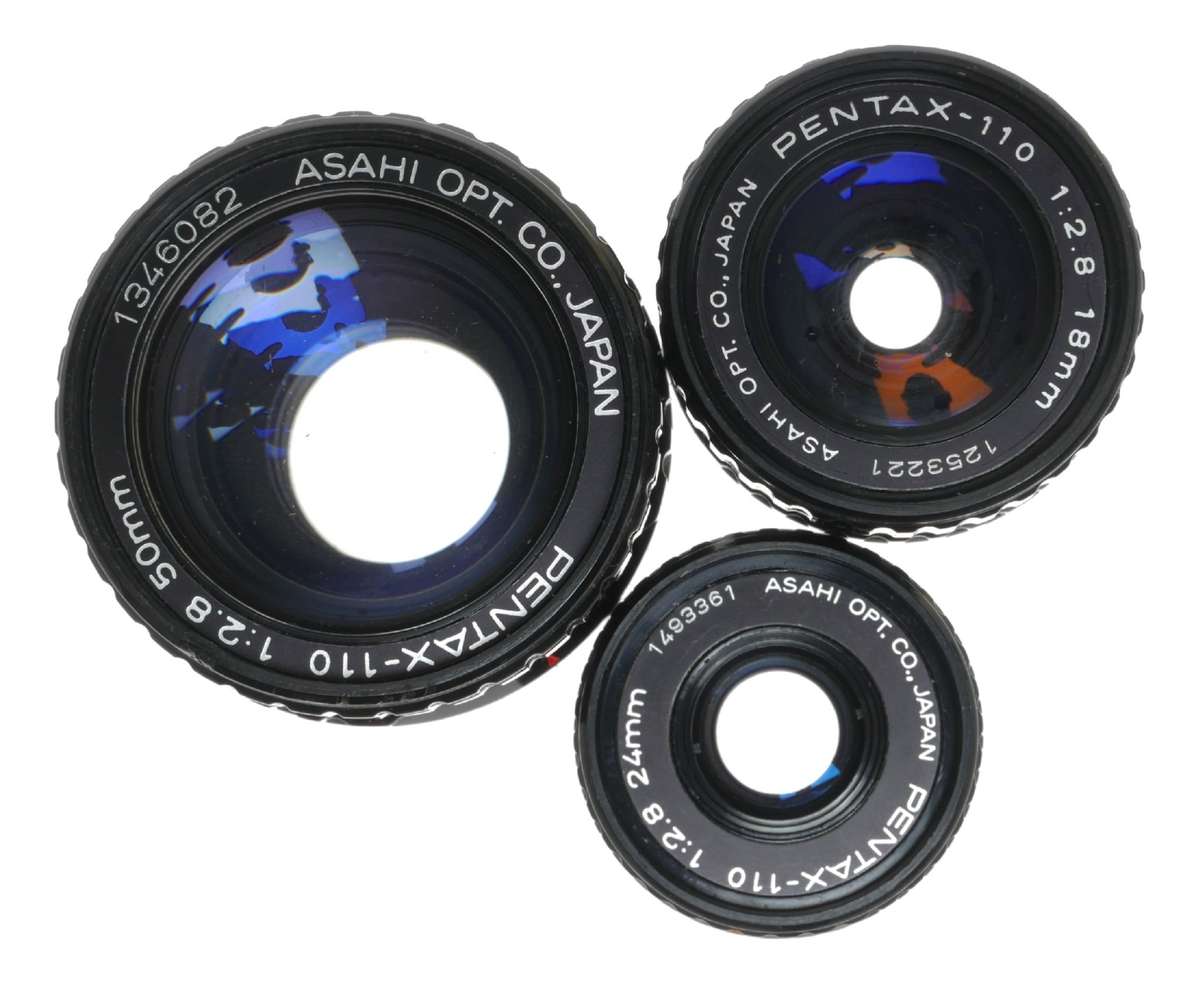 Pentax Auto 110 Sub miniature film camera set 3 lenses flash case