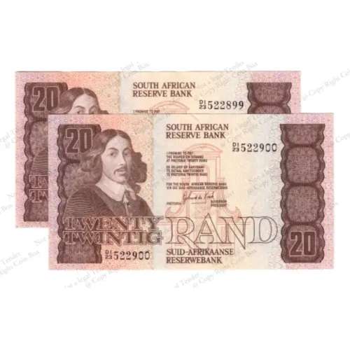 1981 2 x Sequential Twenty Rand R20 Notes G De Kock *** UNC *** ID 3904