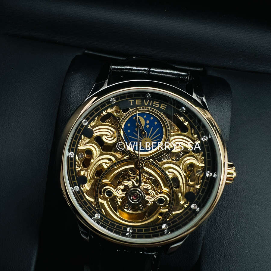 Retail: R1,999.00 TEVISE ® Men`s Pirogue II Leather Automatic Moonphase Gold Trim Watch BRAND NEW