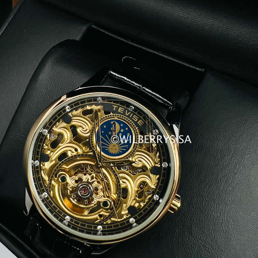 Retail: R1,999.00 TEVISE ® Men`s Pirogue II Leather Automatic Moonphase Gold Trim Watch BRAND NEW