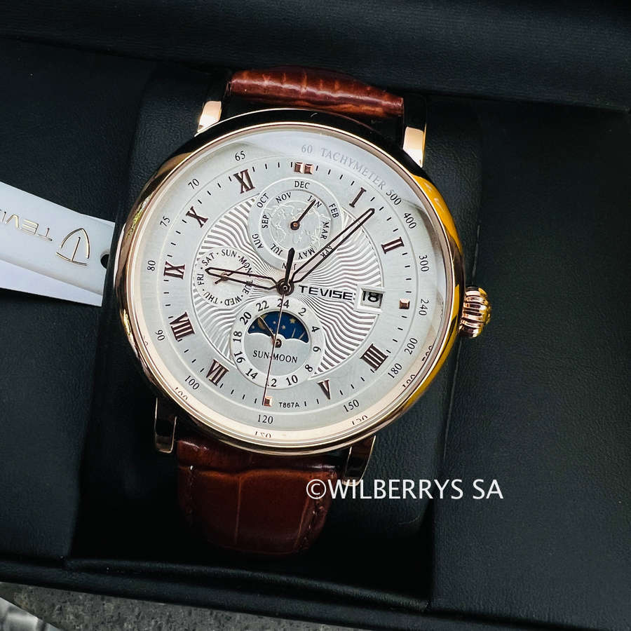 Retail: R2,599.00 TEVISE ® Men`s Namura Classic Automatic Moonphase Rose Gold/White Watch BRAND NEW