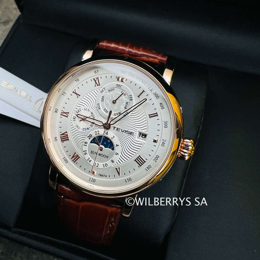 Retail: R2,599.00 TEVISE ® Men`s Namura Classic Automatic Moonphase Rose Gold/White Watch BRAND NEW
