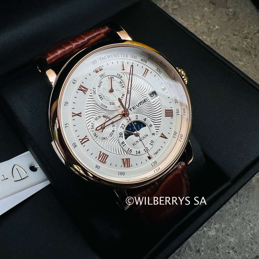 Retail: R2,599.00 TEVISE ® Men`s Namura Classic Automatic Moonphase Rose Gold/White Watch BRAND NEW