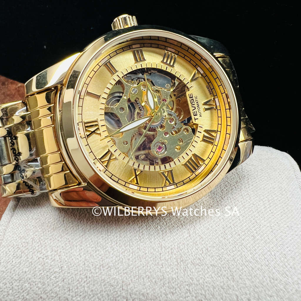 Retail: R1,999.00 TEVISE ® Men`s Skeleton Classic Steel Full Gold pl. Watch BRAND NEW