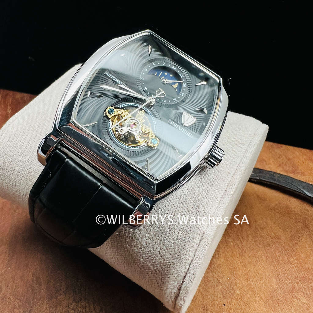 Retail: R2,899.00 TEVISE ® Men`s Tonneux Barista Moonphase Automatic Silver/Black Watch BRAND NEW