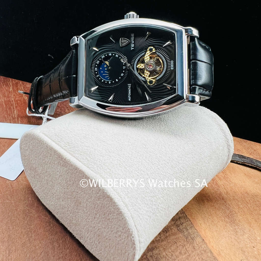 Retail: R2,899.00 TEVISE ® Men`s Tonneux Barista Moonphase Automatic Silver/Black Watch BRAND NEW