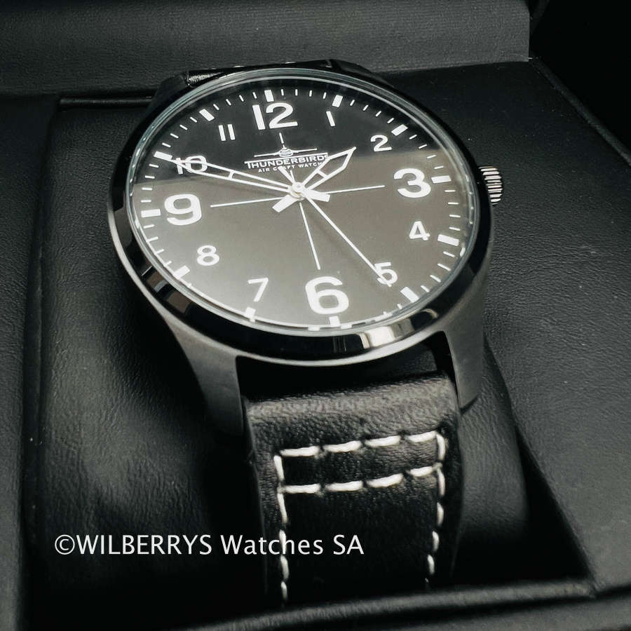 rrp R4,000.00 THUNDERBIRDS Mens Meister Easy Read Black 40mm Easy Read Genuine Leather Watch
