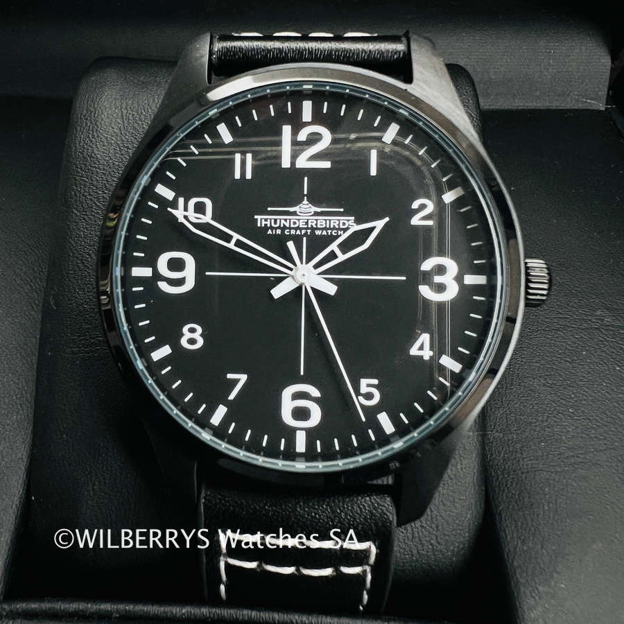 rrp R4,000.00 THUNDERBIRDS Mens Meister Easy Read Black 40mm Easy Read Genuine Leather Watch