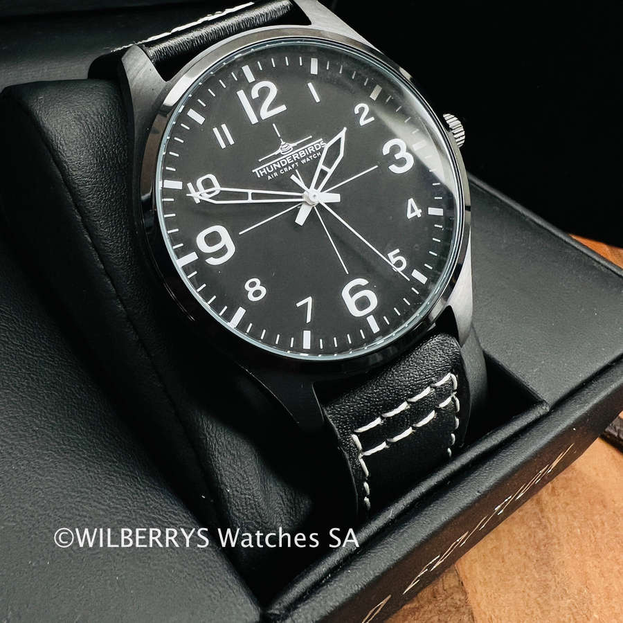 rrp R4,000.00 THUNDERBIRDS Mens Meister Easy Read Black 40mm Easy Read Genuine Leather Watch