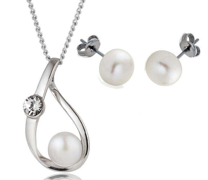 rrp R2650 LONDON JEWELLERS Freshwater Pearl Pendant + Chain + Pearl Stud w/ Crystals from Swarovski®