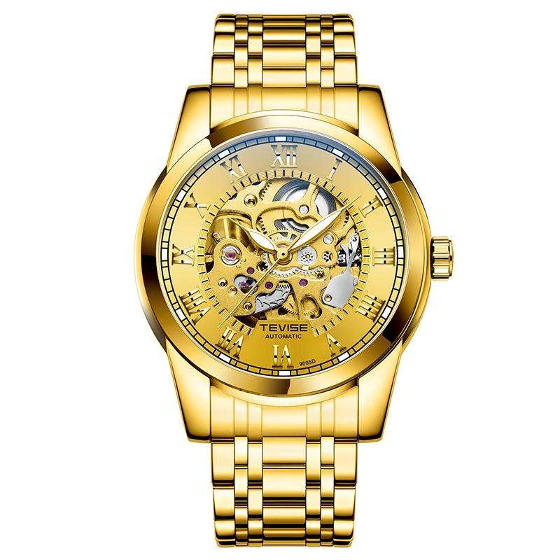Retail: R1,999.00 TEVISE ® Men`s Skeleton Classic Steel Full Gold pl. Watch BRAND NEW