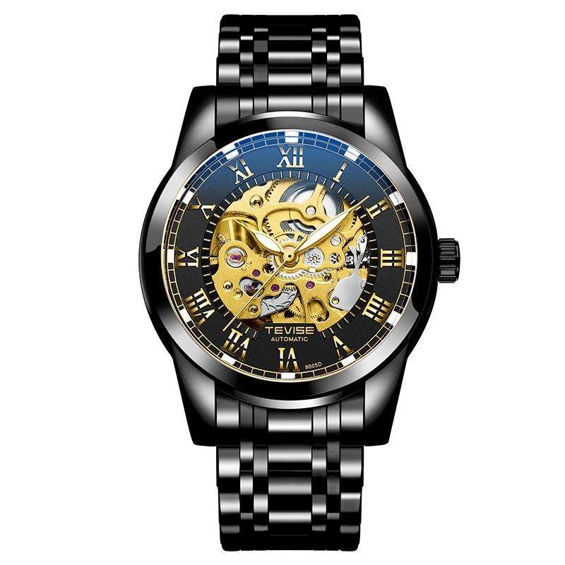 Retail: R1,999.00 TEVISE ® Men`s Skeleton Classic Ionic Black / Gold Watch BRAND NEW