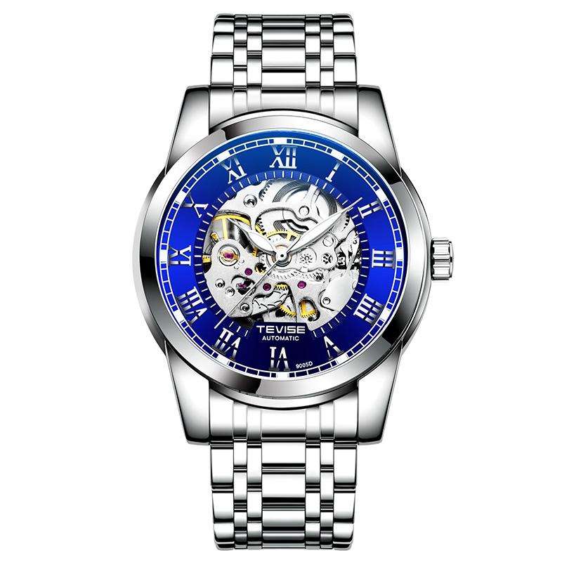 Retail: R1,999.00 TEVISE ® Men`s Skeleton Classic Steel Silver / Blue Watch BRAND NEW