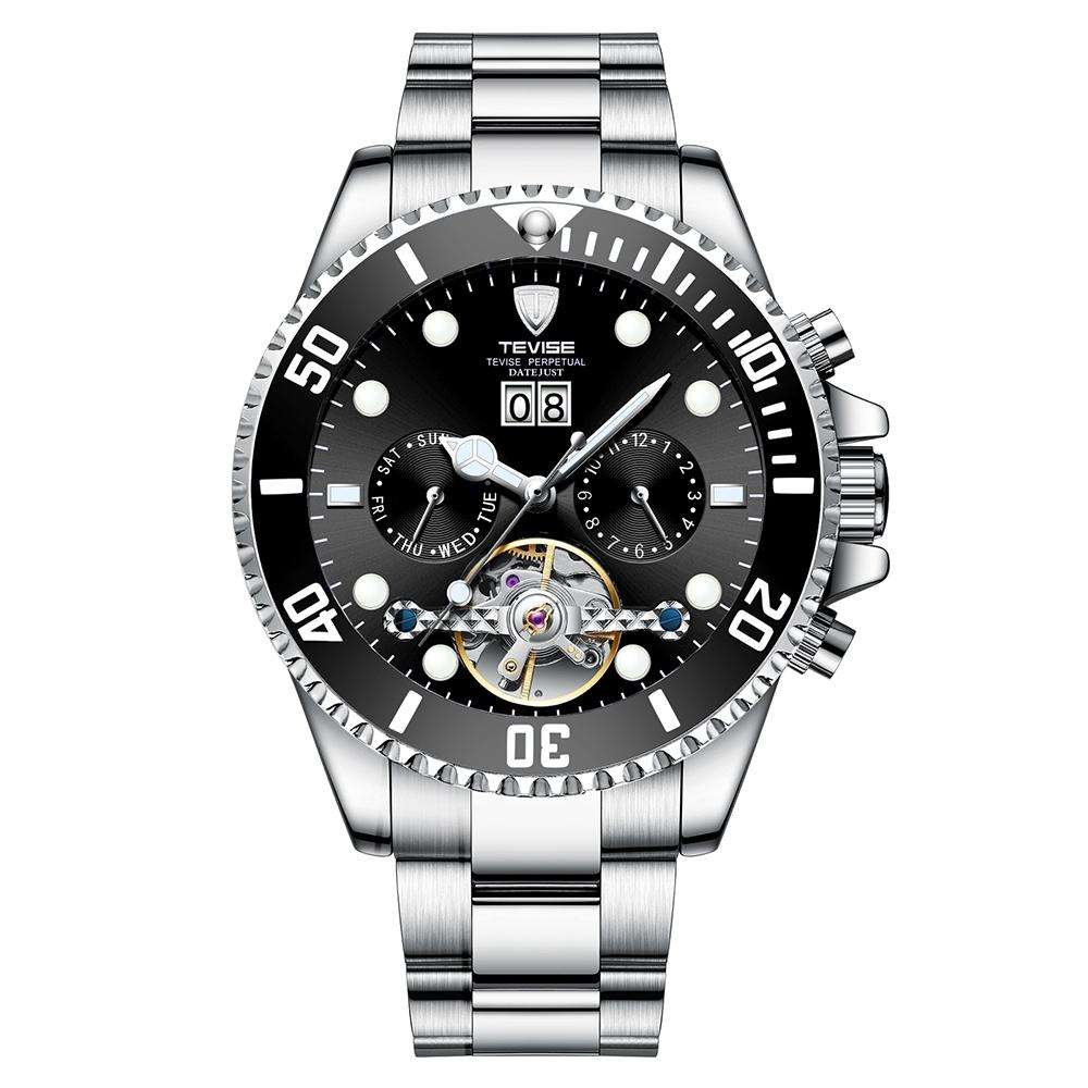 TEVISE ® Men`s Perpetual FLYWHEEL Automatic SILVER BLACK