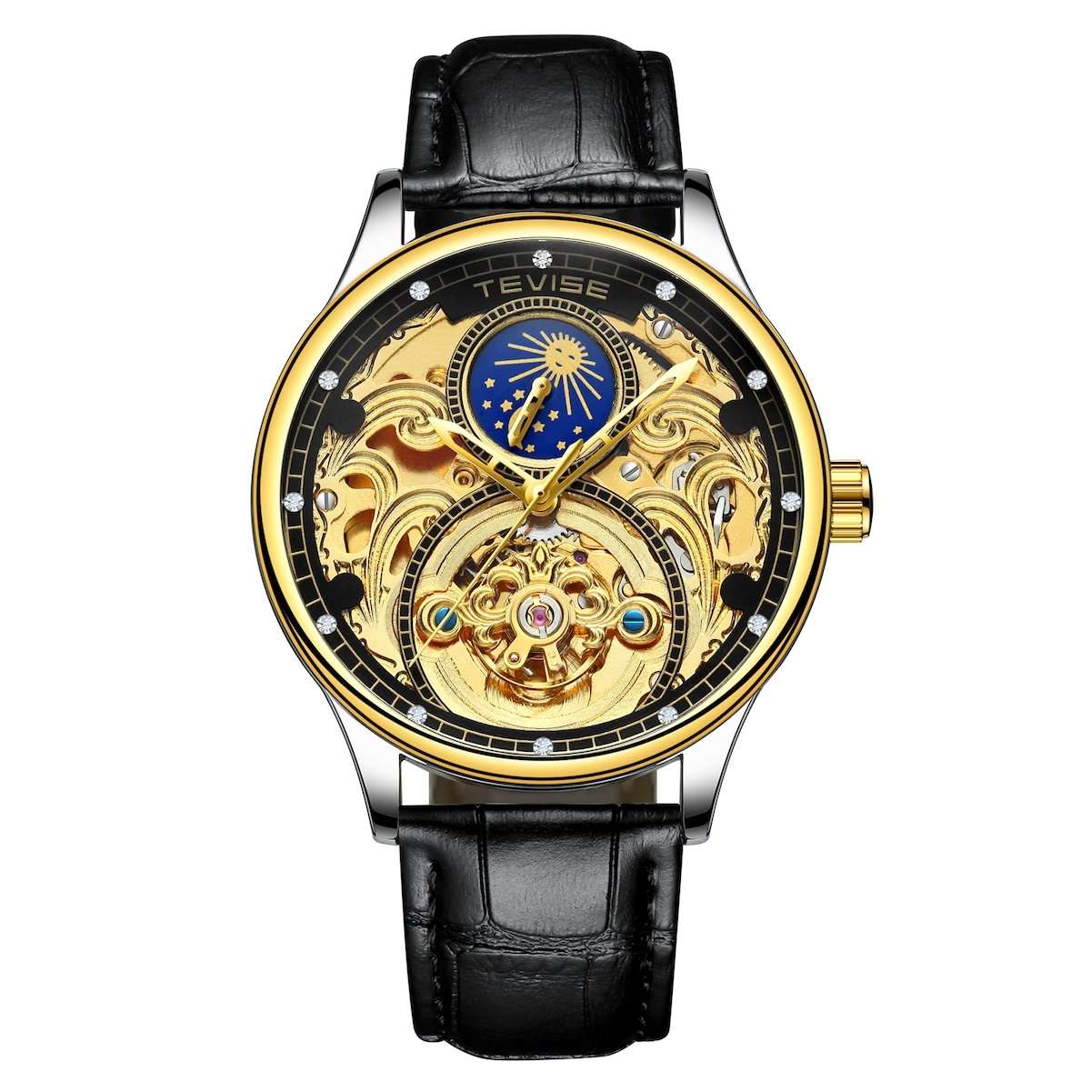 Retail: R1,999.00 TEVISE ® Men`s Pirogue II Leather Automatic Moonphase Gold Trim Watch BRAND NEW