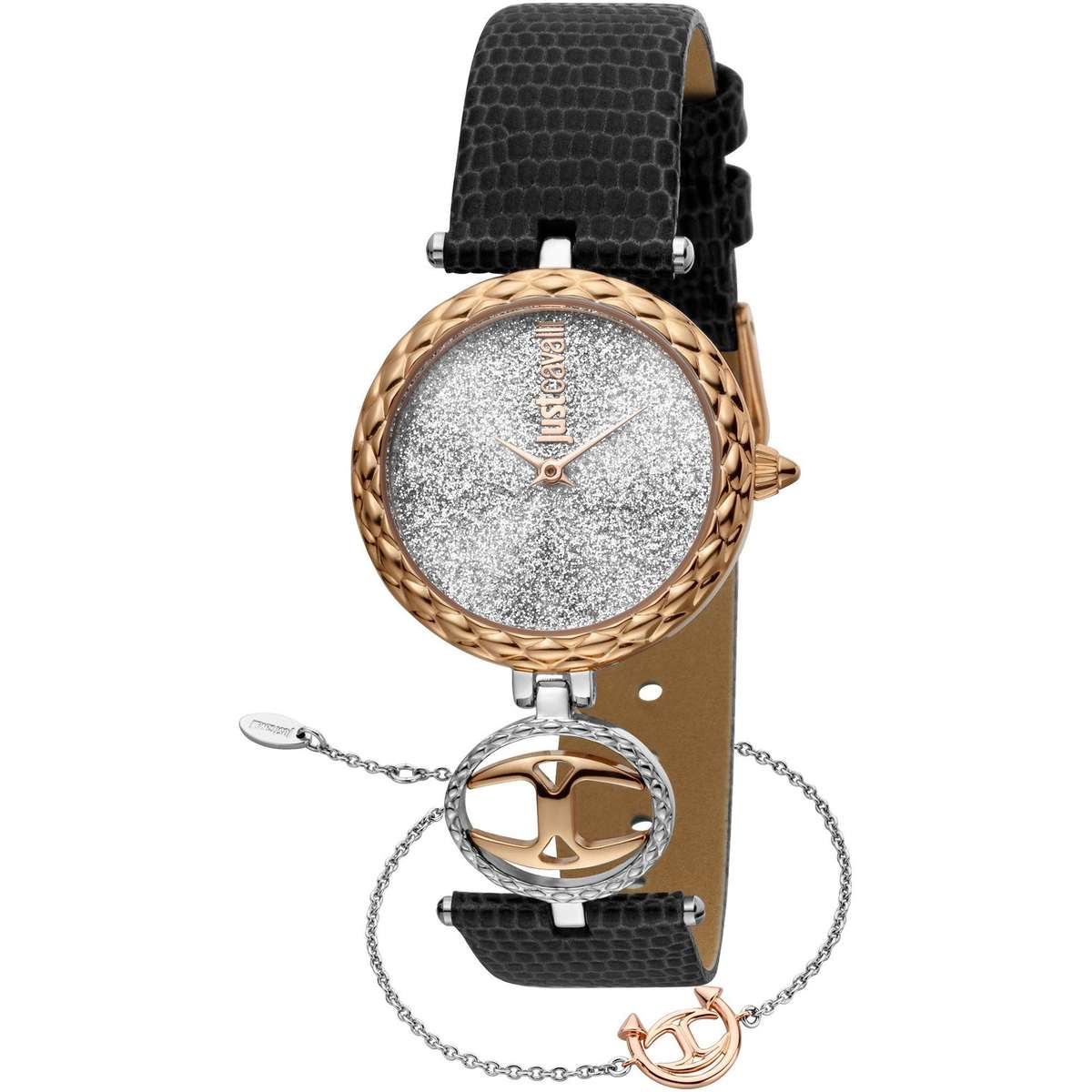 must see!!*** R7,000.00 ROBERO CAVALLI Women`s Changi Glitter Rose Gold Leather Black Watch GENUINE