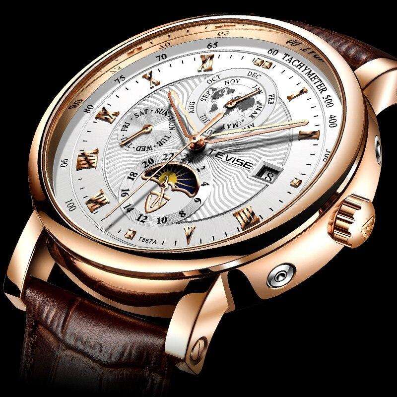 Retail: R2,599.00 TEVISE ® Men`s Namura Classic Automatic Moonphase Rose Gold/White Watch BRAND NEW